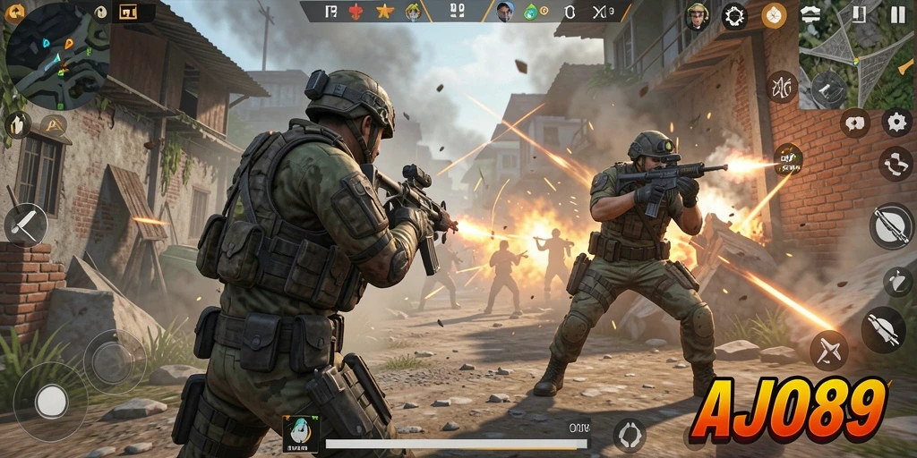 Tangkapan layar gameplay AJO89 menampilkan aksi pertempuran FPS yang intens.
