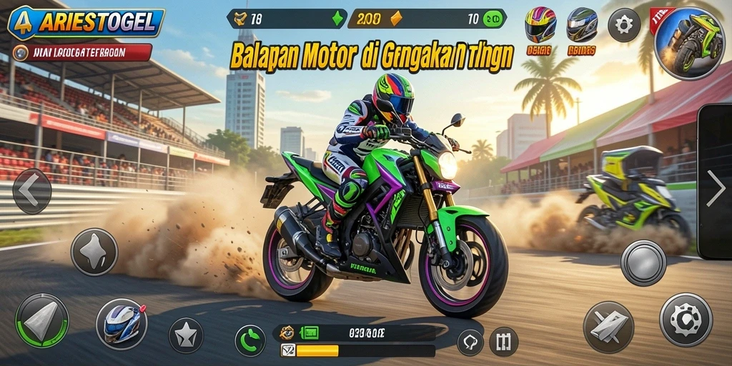 Tampilan gameplay ARIESTOGEL dengan aksi balapan motor yang seru.