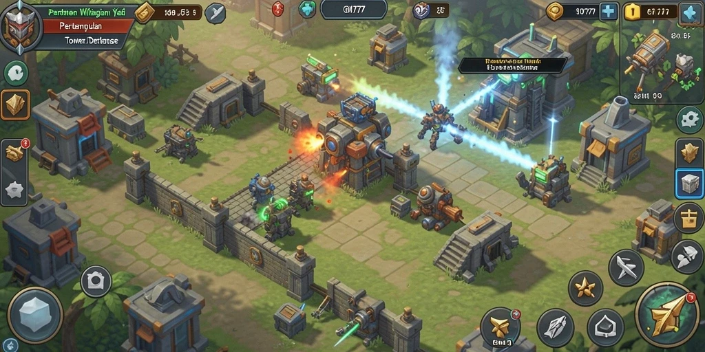 Screenshot menunjukkan tampilan menara dan strategi pertahanan dalam gameplay Tower Defense.