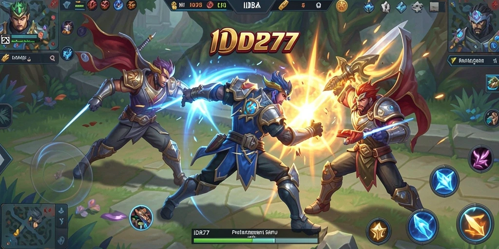 Screenshot gameplay seru dari IDR77 yang menunjukkan pertarungan MOBA.