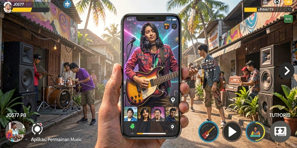 Tangkapan layar menunjukkan gameplay interaktif JOS77 dengan berbagai lagu dan tantangan musik.