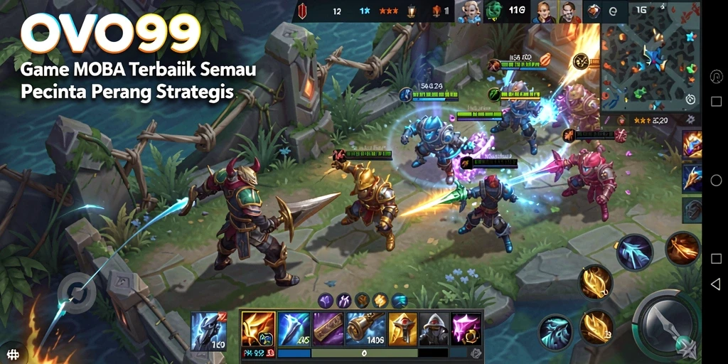 Tampilan seru dari gameplay OVO99 dengan aksi MOBA intens.