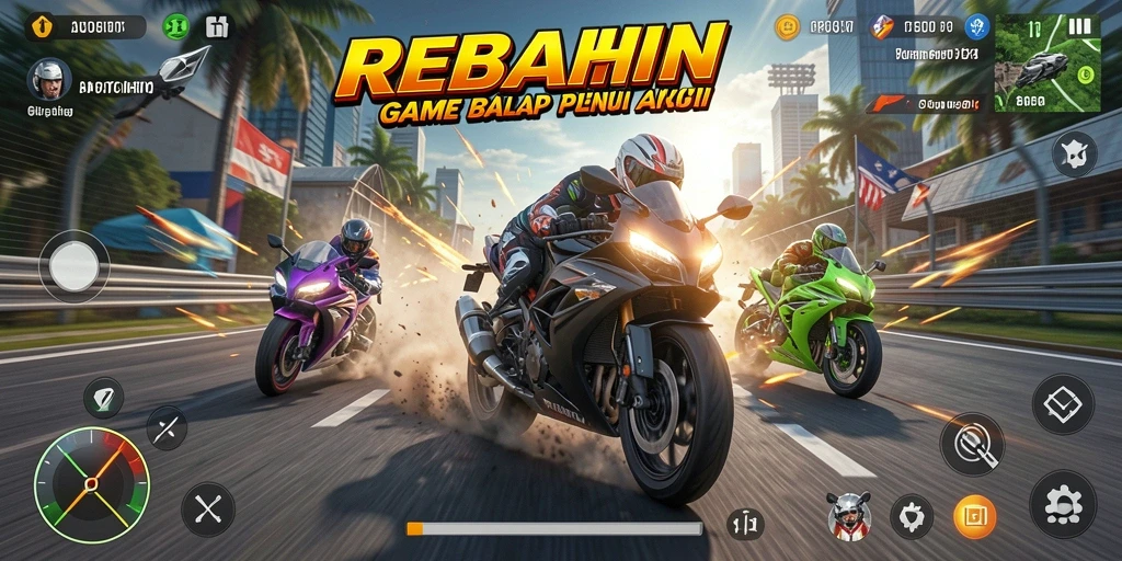 Tampilan gameplay seru dalam balapan motor REBAHIN.