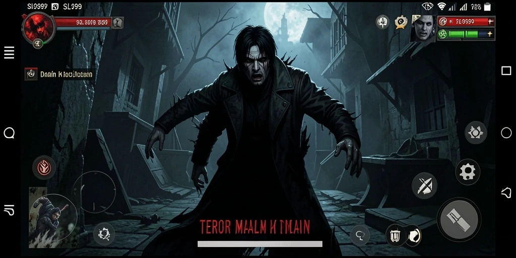Screenshot gameplay SL999 menunjukkan suasana menakutkan saat menjelajahi kegelapan.