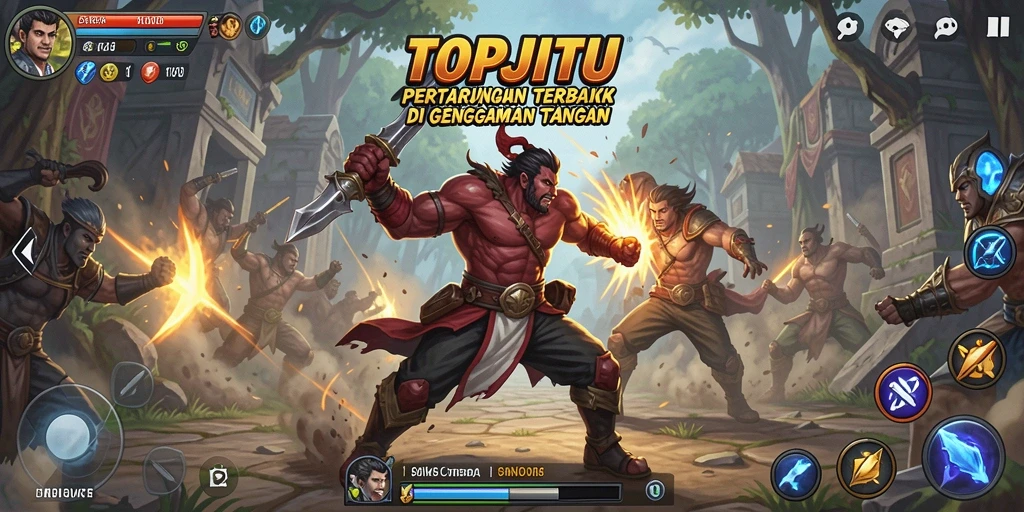 Gameplay mendebarkan dari TOPJITU dengan karakter bertarung di arena.