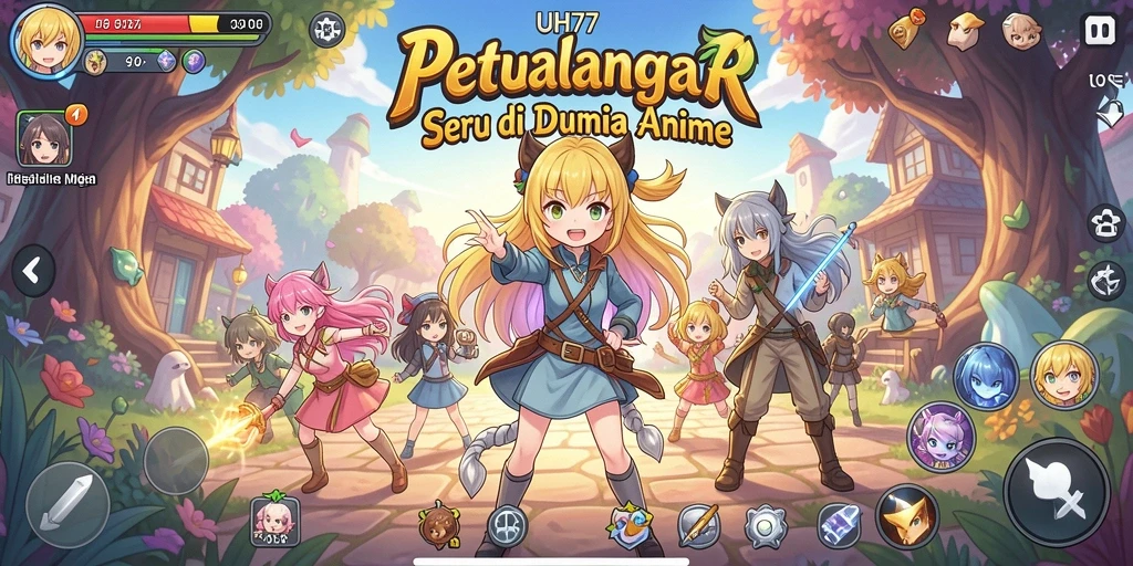 Tampilan gameplay UH77 yang menakjubkan dengan karakter anime beraksi.